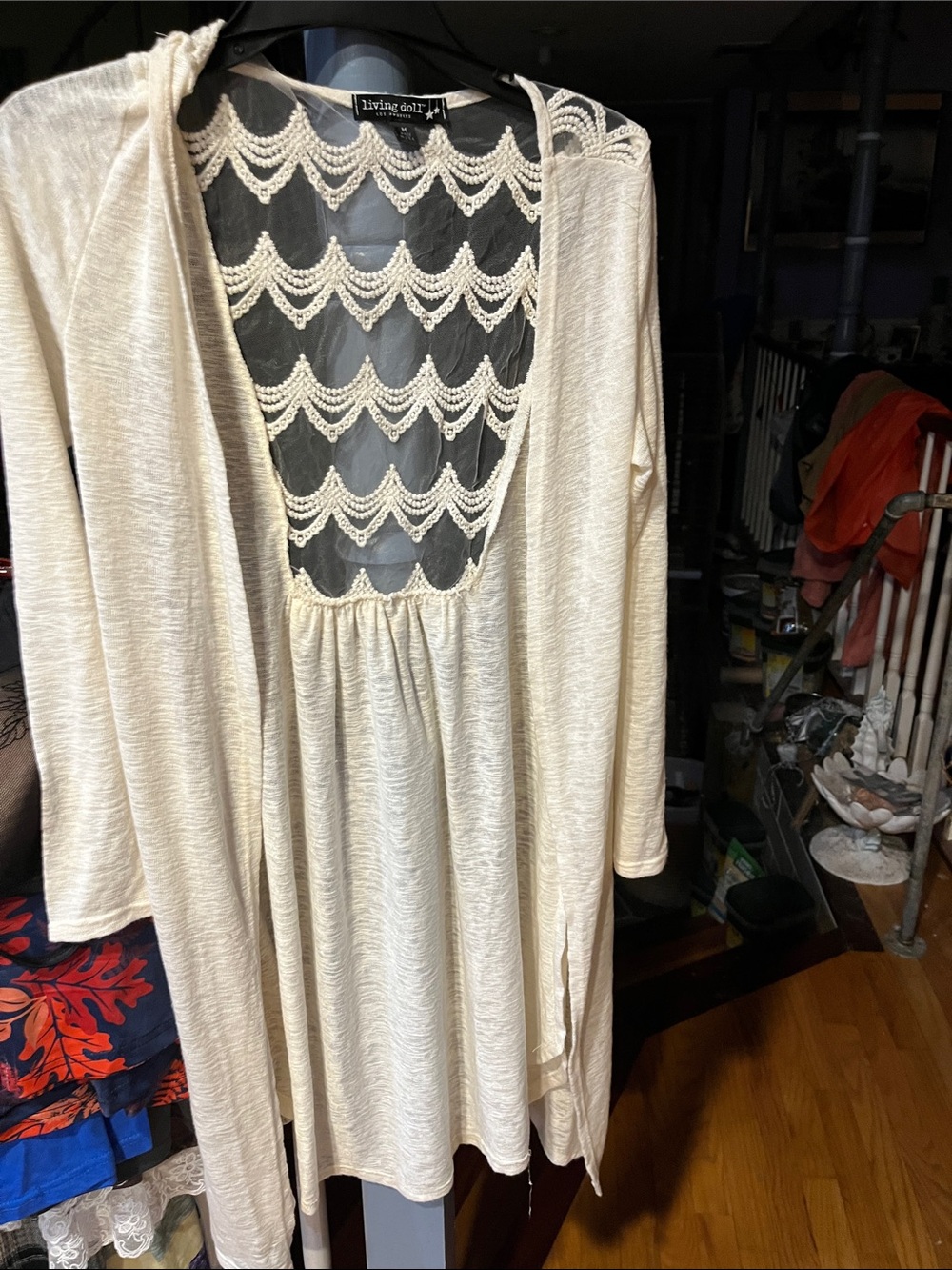 living doll Cream Long Sleeve Dress with Crochet Scallop Back